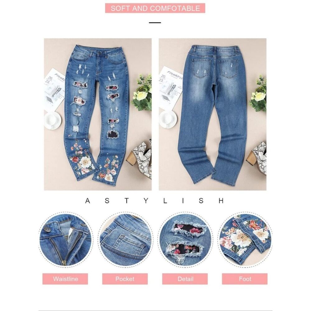 ASTYLISH Floral Patch Distressed Boyfriend Skinny Jeans, Size S BEACH PARTY! - Picture 3 of 13